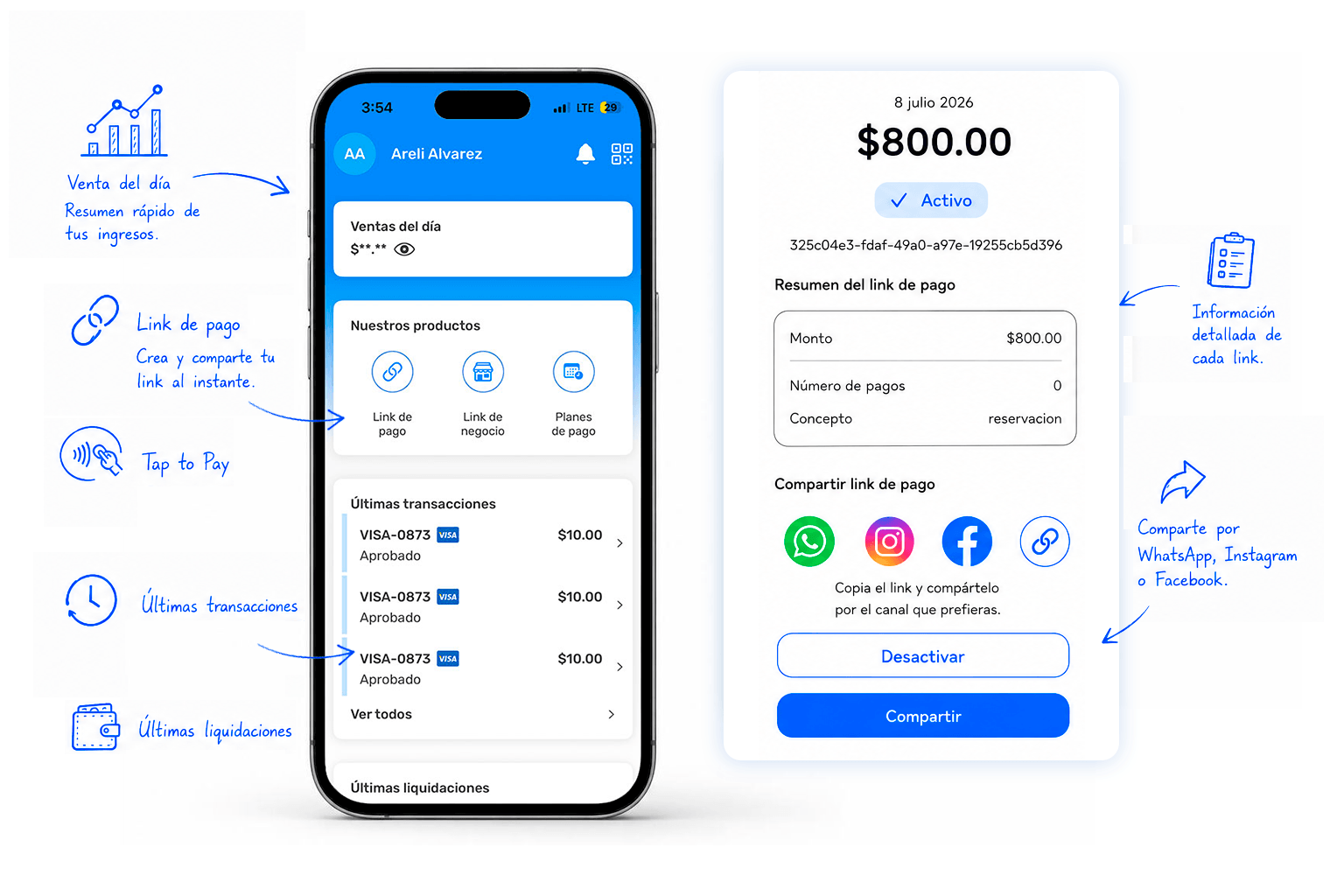 App de CM Pagos con link de pago y detalle para compartir