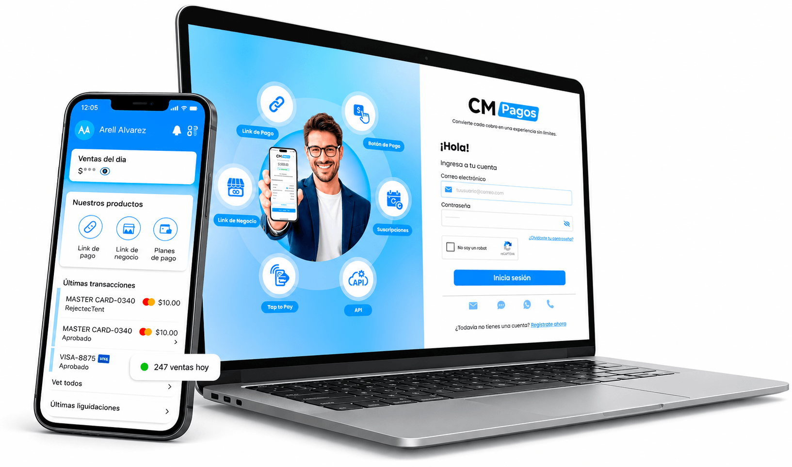 Laptop y celular con el panel de inicio de sesión y las soluciones de CM Pagos