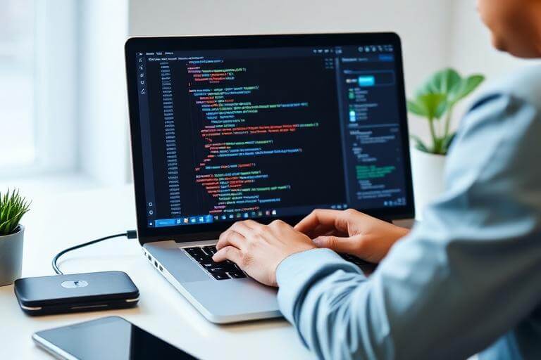 Desarrollador integrando la API de CM Pagos en su laptop