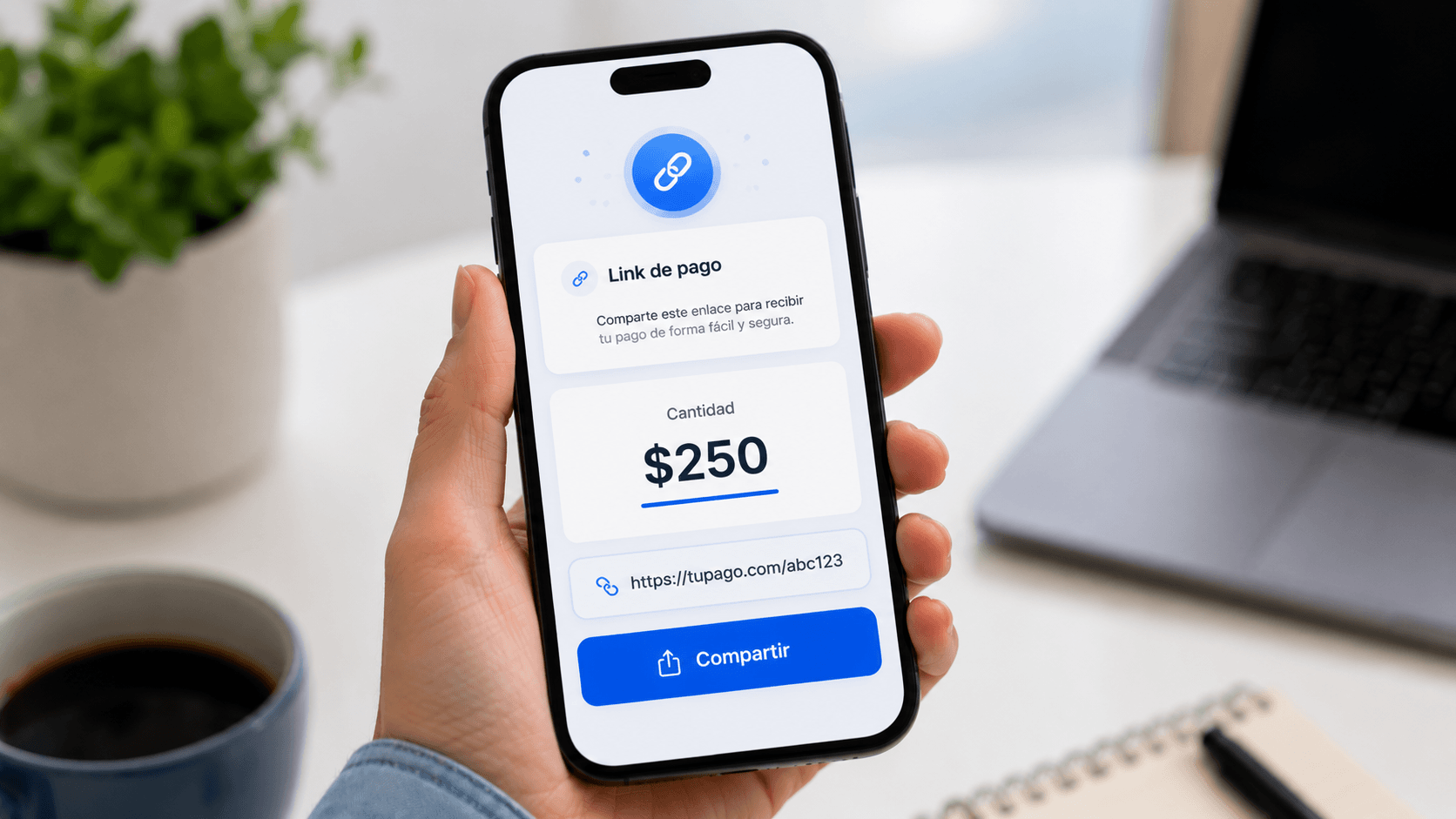 Persona compartiendo un link de pago de CM Pagos desde su celular