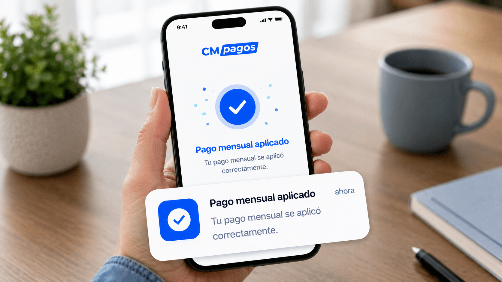 Notificación de pago mensual aplicado en la app de CM Pagos
