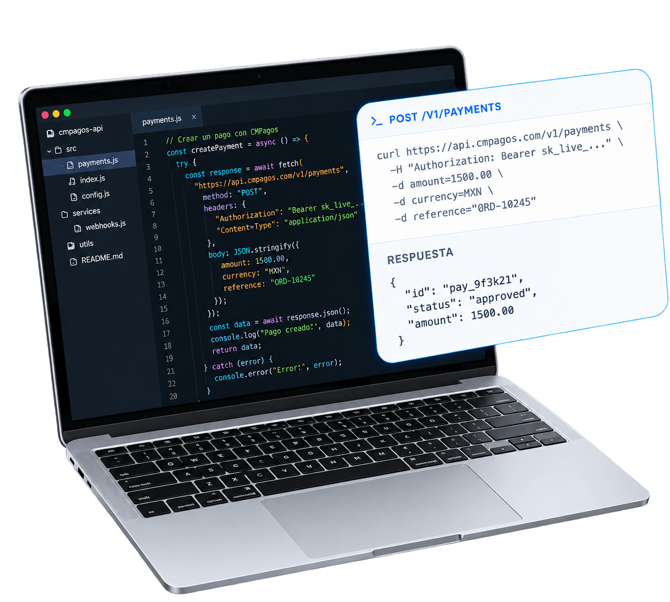 Laptop con código de integración a la API de CM Pagos y una tarjeta con la petición POST /v1/payments y su respuesta