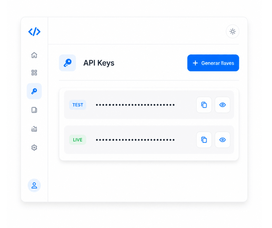 Panel de API Keys de CM Pagos con llaves de prueba y producción