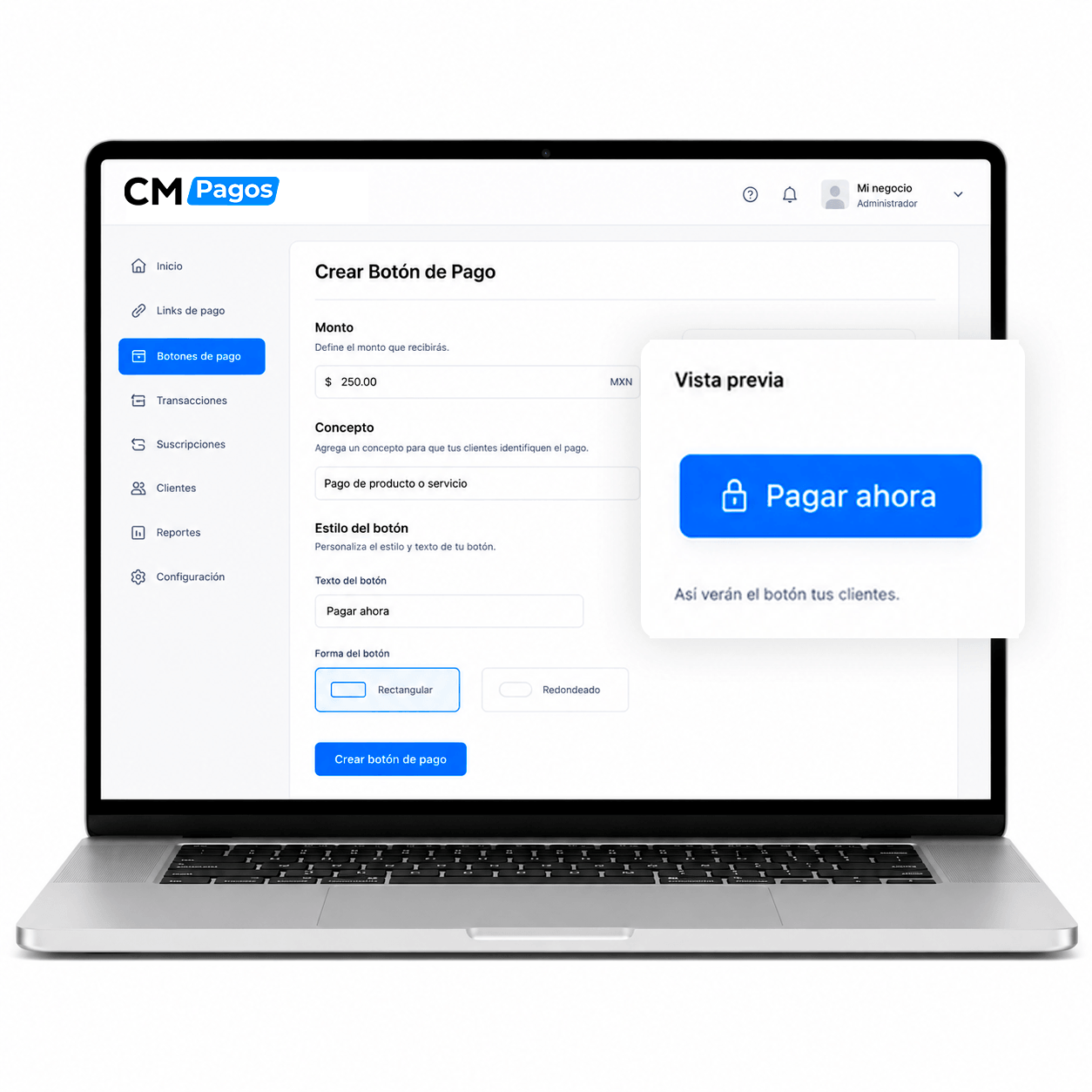 Panel para crear un Botón de Pago en CM Pagos con vista previa del botón Pagar ahora