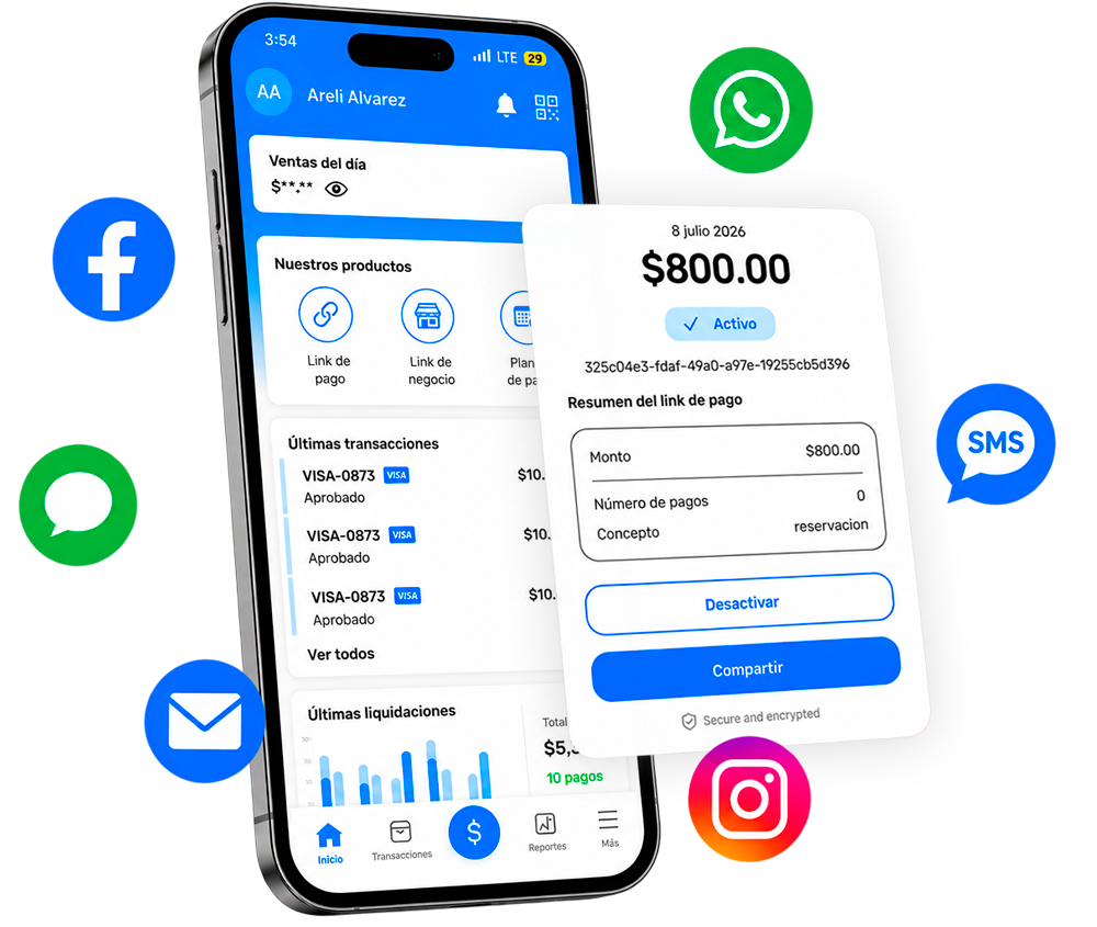 App de CM Pagos mostrando la generación y el resumen de un Link de Pago de $800.00