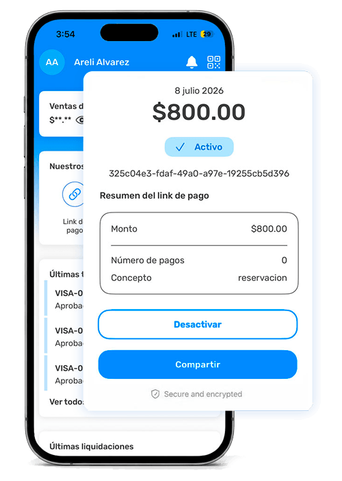 App de CM Pagos mostrando el resumen y compartir de un Link de Pago de $800.00