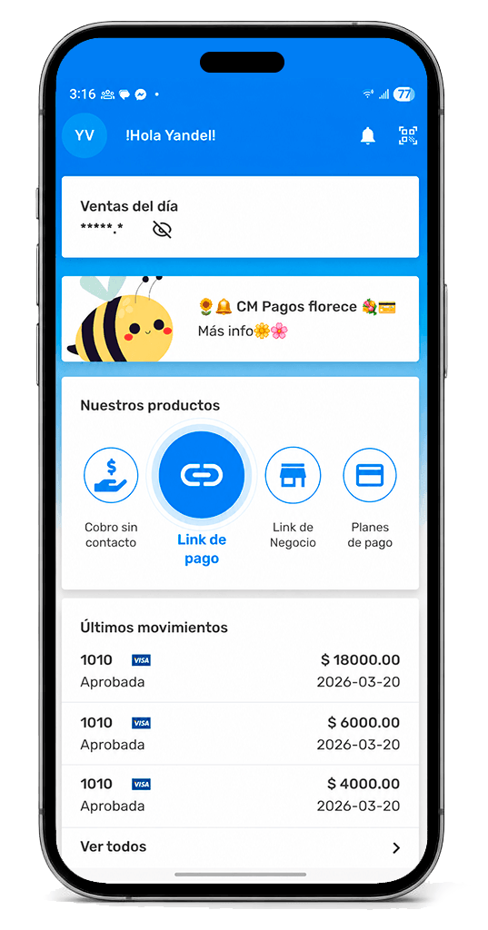 Pantalla principal de la app CM Pagos con la opción Link de pago resaltada en Nuestros productos