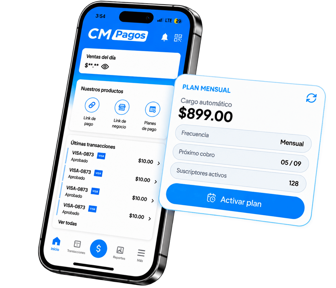 App CM Pagos mostrando un plan mensual de pagos recurrentes activo con cargo automático de $899.00