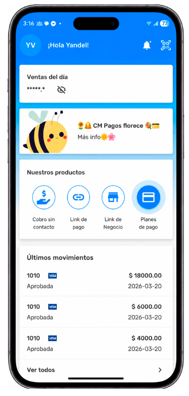 App CM Pagos con la opción Planes de pago resaltada en Nuestros productos