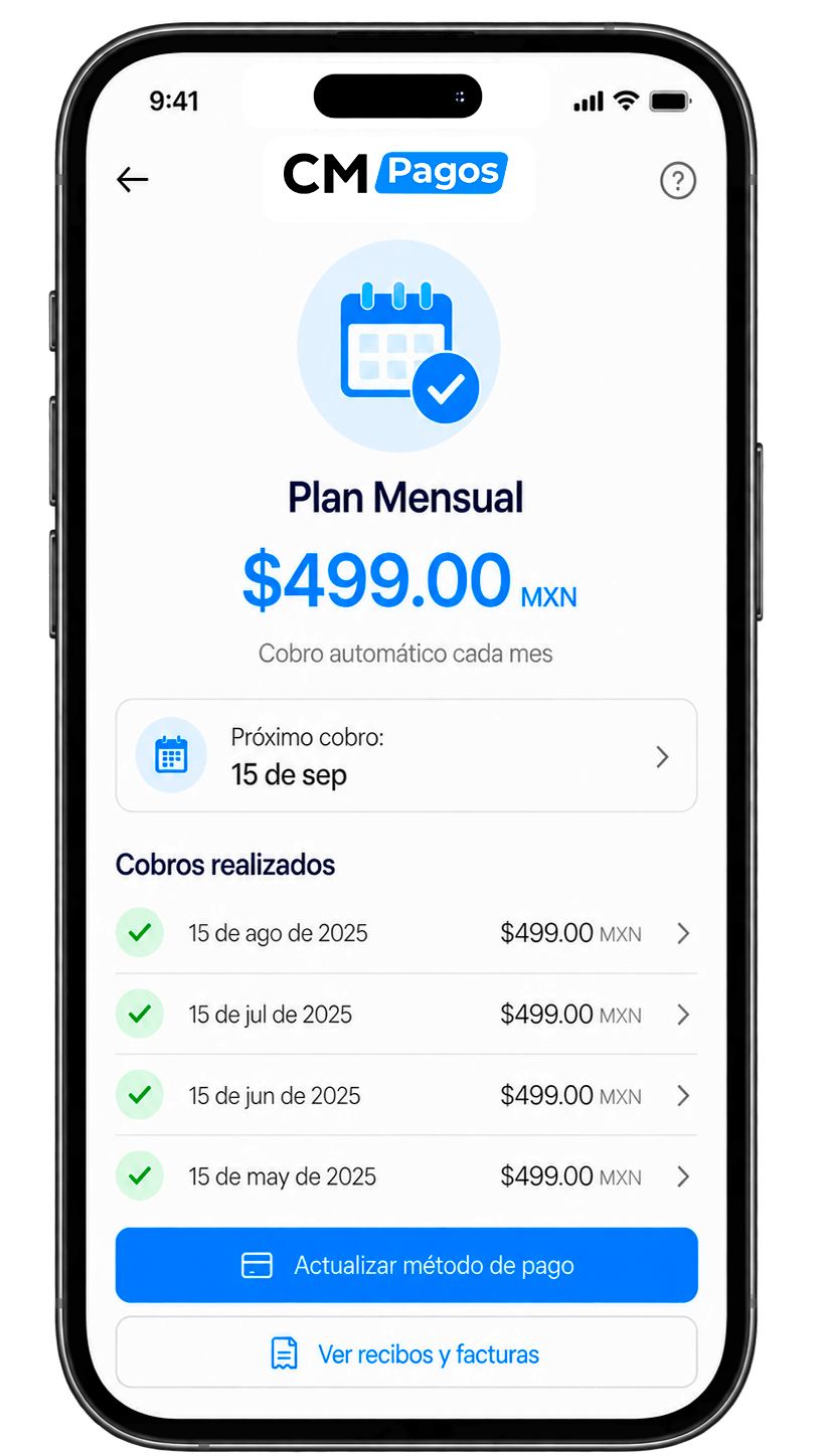 Pantalla de suscripción activa en la app CM Pagos con el Plan Mensual y los cobros realizados