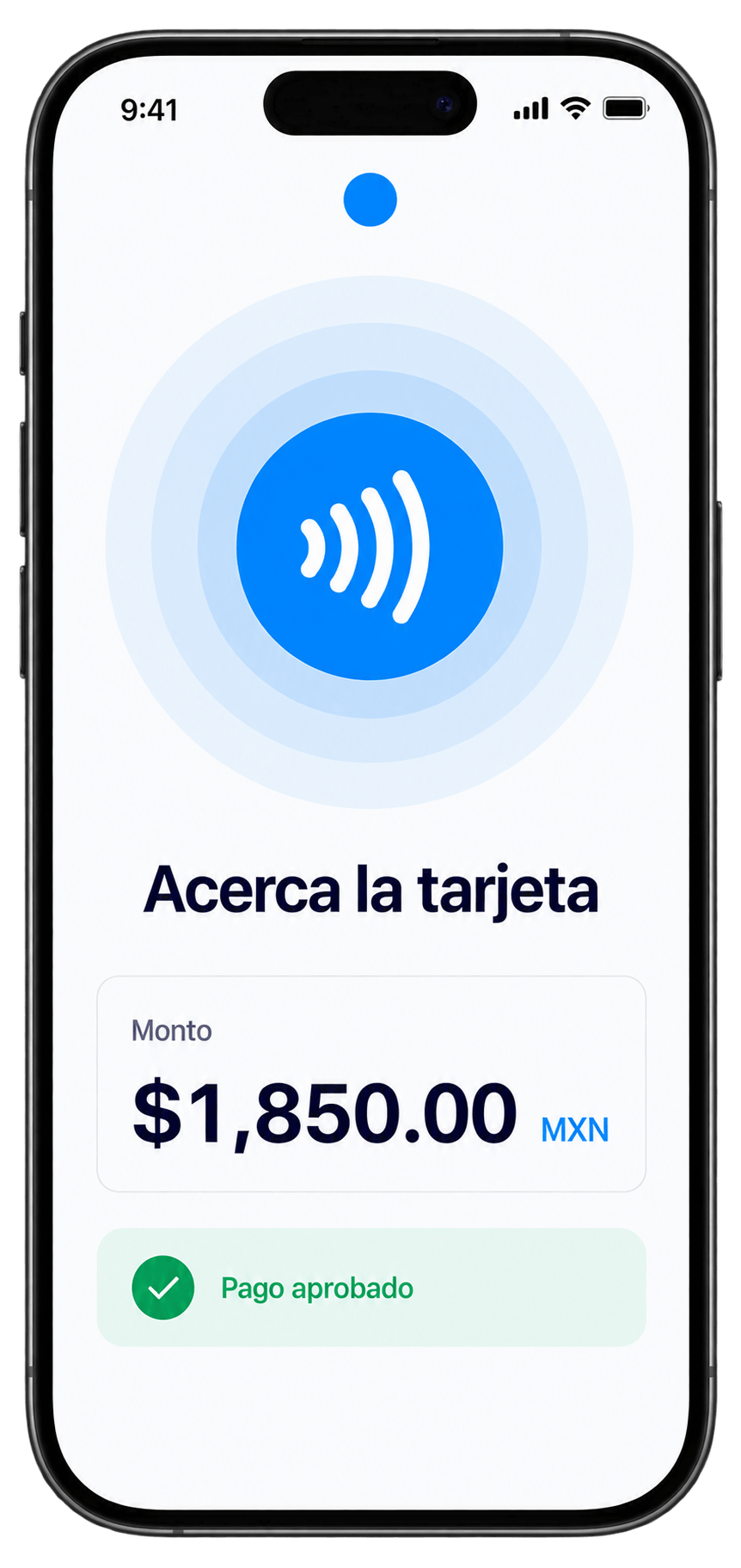 Pantalla de Tap to Pay en CM Pagos pidiendo acercar la tarjeta, con pago de $1,850.00 MXN aprobado