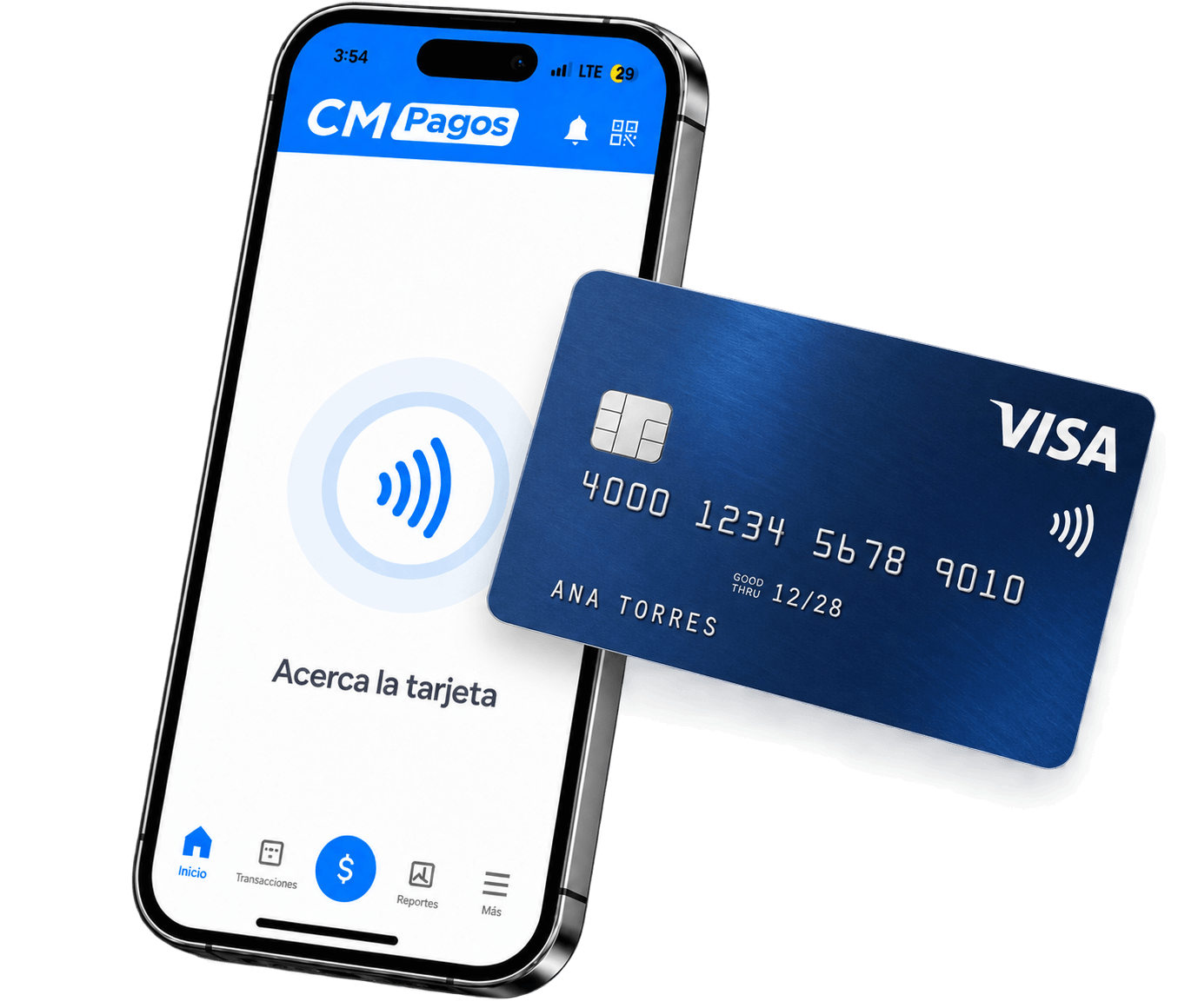 App CM Pagos con Tap to Pay activo listo para acercar la tarjeta de crédito