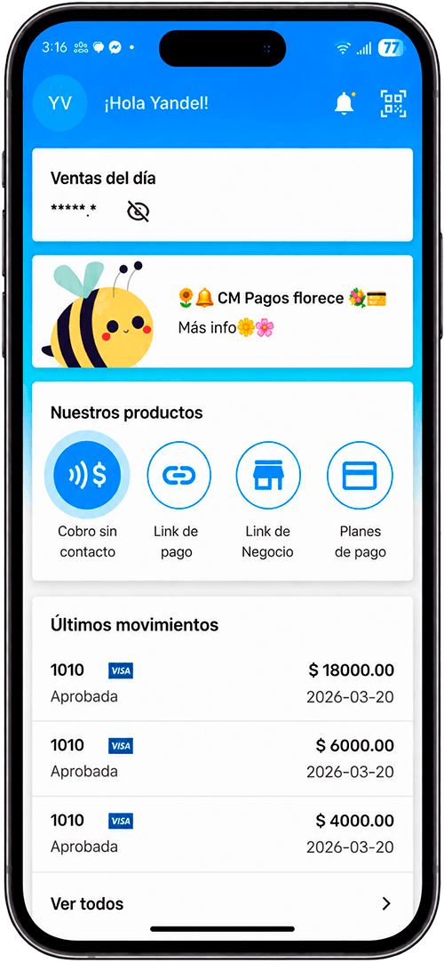 App CM Pagos con la opción Cobro sin contacto resaltada en Nuestros productos